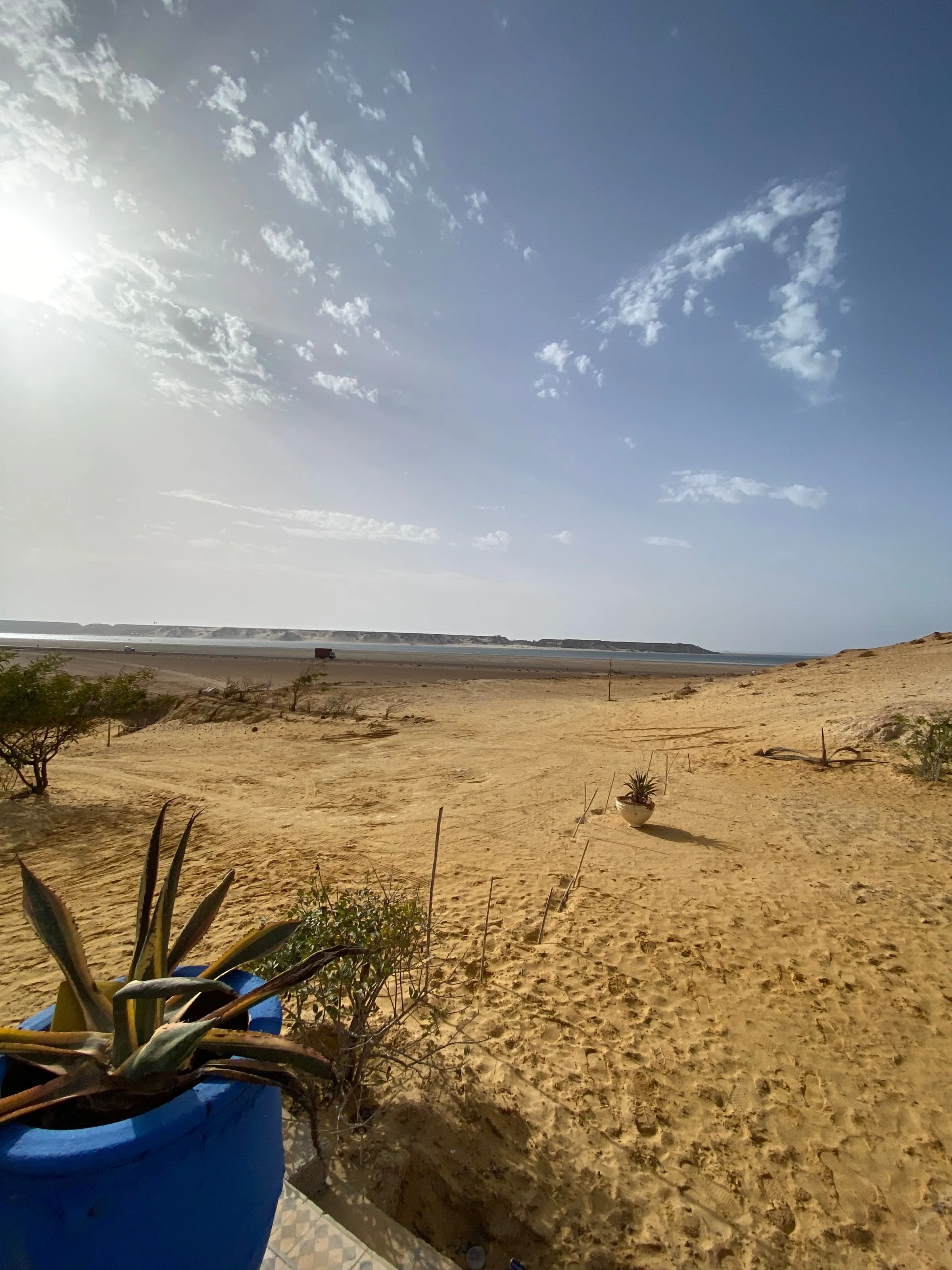 From the UCPA Dakhla camp, an agave in a blue pot, sand sloping towards the lagoon and dunes on the opposite shore.