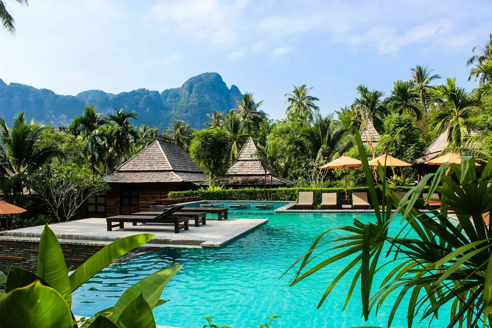 A tropical pool surrounded by palms, with limestone peaks in the distance.